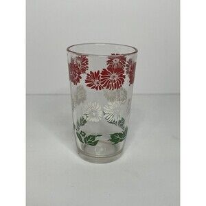 Vtg. Hazel-Atlas, Red & White Floral w/Green Leaves Swanky Swig Juice Glass
